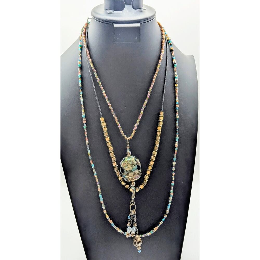 Three Strand Beaded Boho Glass Pendant Tassel Charm 17"-20" Necklace